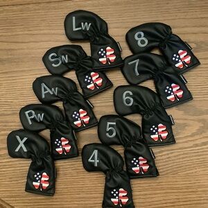 Craftsman Black Leather Iron Golf Club Headcovers with American Flag Design